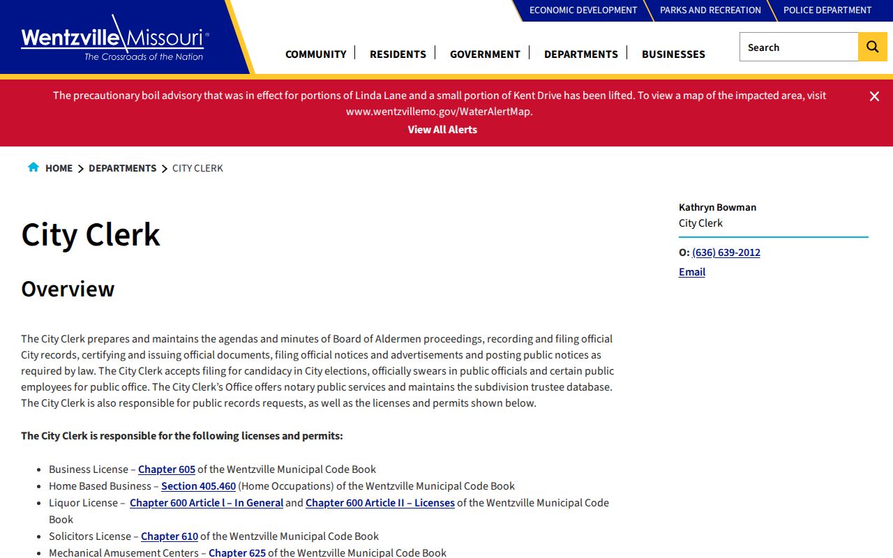 Wentzville residents directory City Clerk public records route